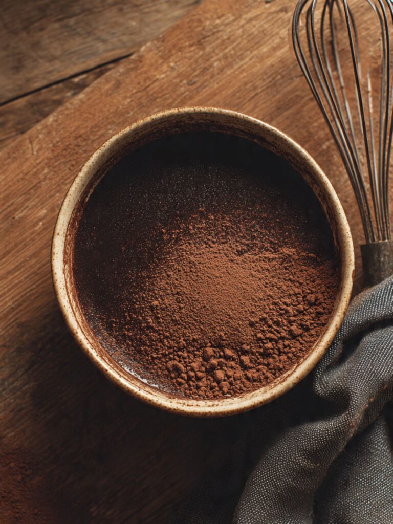 Dutch-process cocoa powder bloomed in hot water in small heatproof bowl, near-black liquid, warm surface