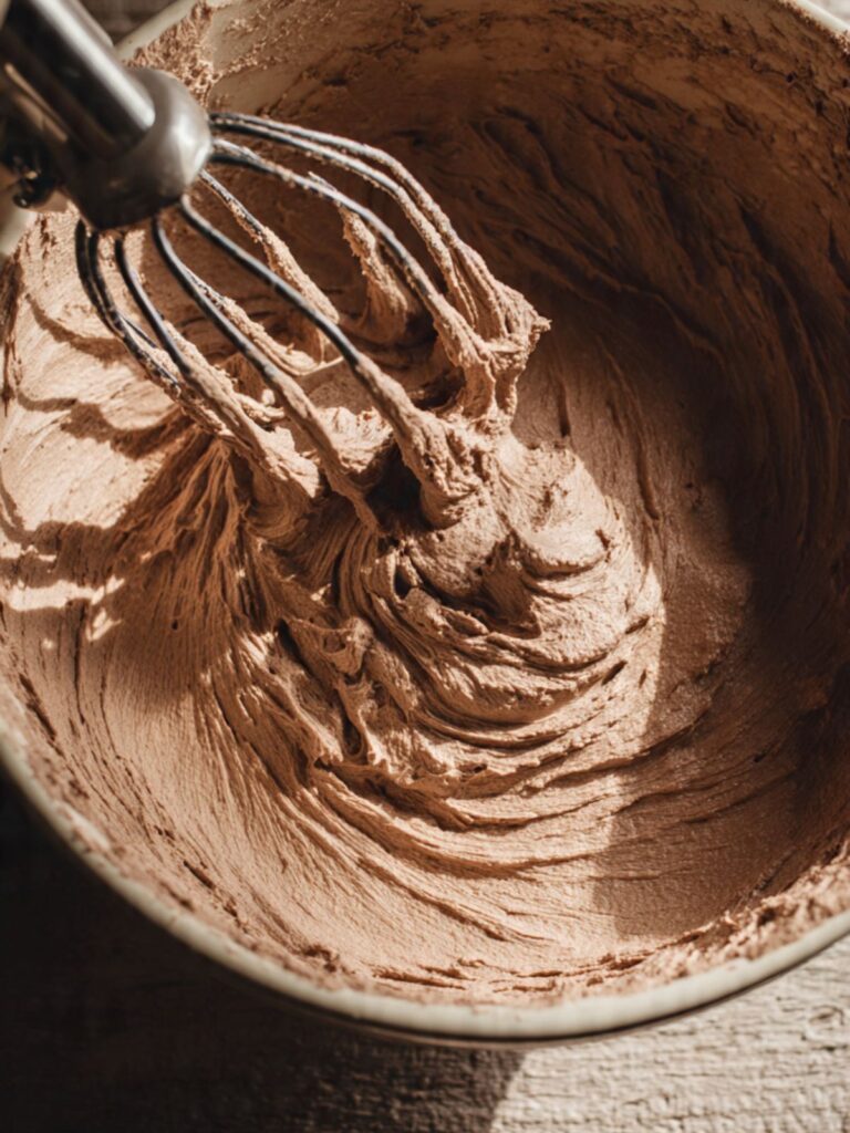 cocoa whipped cream frosting at stiff peaks in mixing bowl, warm mocha tan color, whisk attachment lifted showing peak