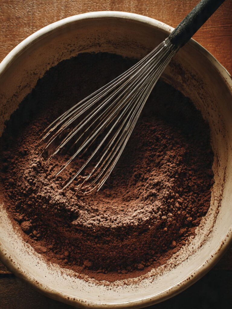 dry ingredients for hot chocolate cupcakes in large mixing bowl with whisk, dark cocoa powder visible, oak wood surface
