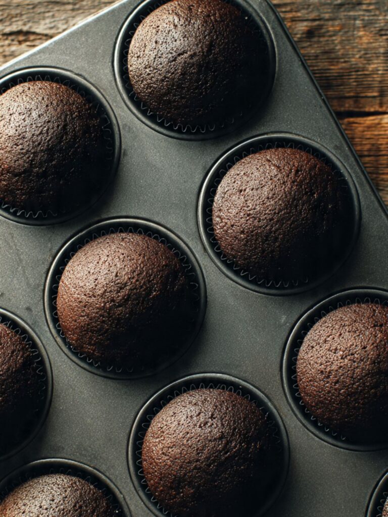 hot chocolate cupcakes fresh from oven in black paper liners, domed tops, dark near-black surface, in muffin tin