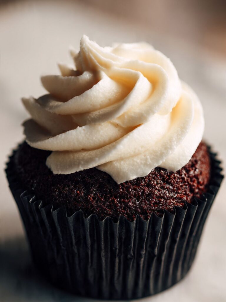 marshmallow cream filling being piped into cored hot chocolate cupcake center, pale cream filling against dark crumb