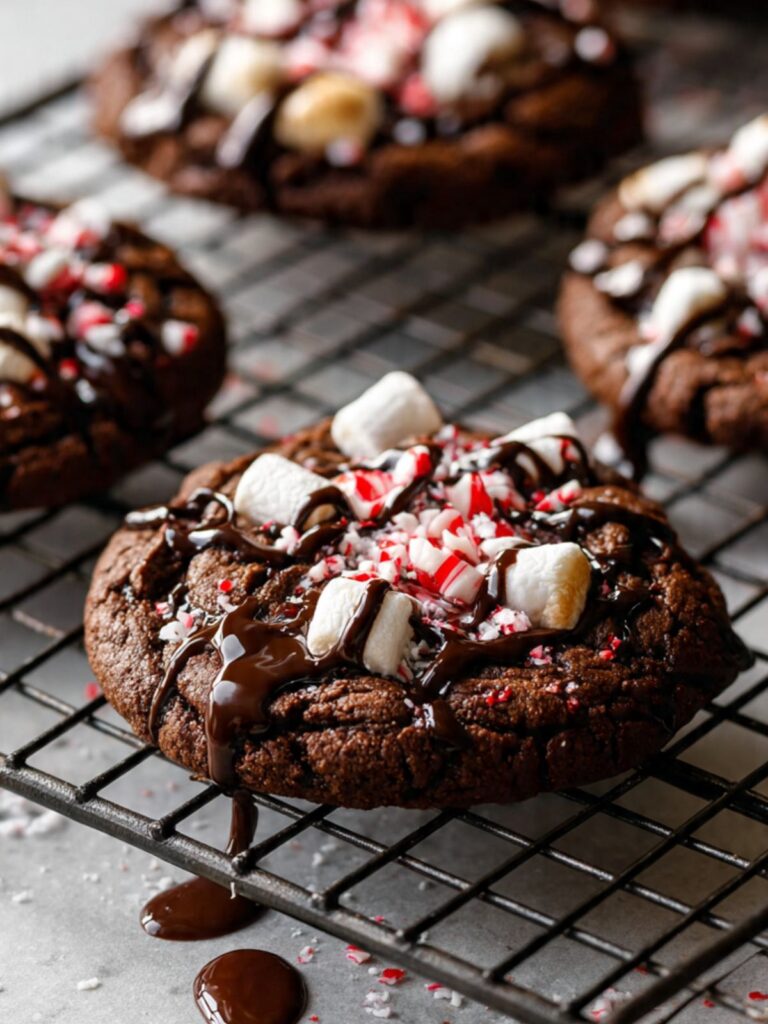 Dark chocolate drizzle being poured over hot cocoa cookies with toasted marshmallows on cooling rack