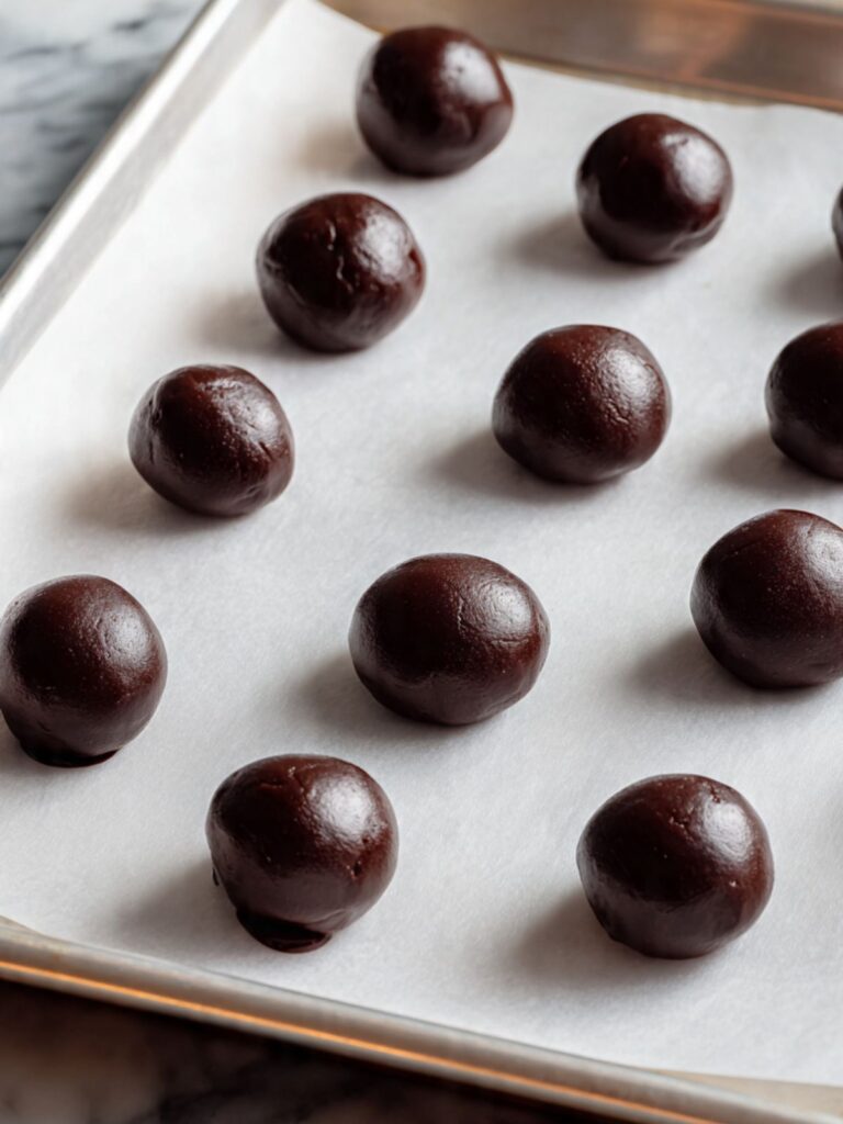 Hot cocoa cookie dough balls portioned on parchment-lined baking sheet ready to bake, deep dark chocolate color