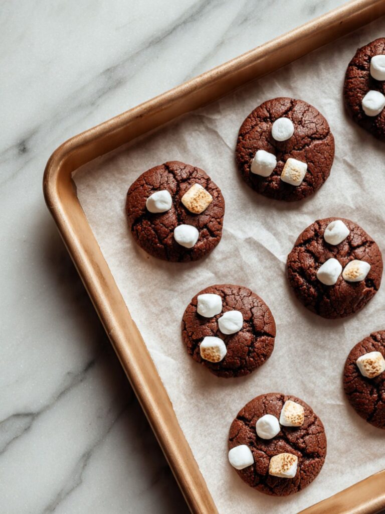 Mini marshmallows being pressed onto warm hot cocoa cookies fresh from the oven on baking sheet