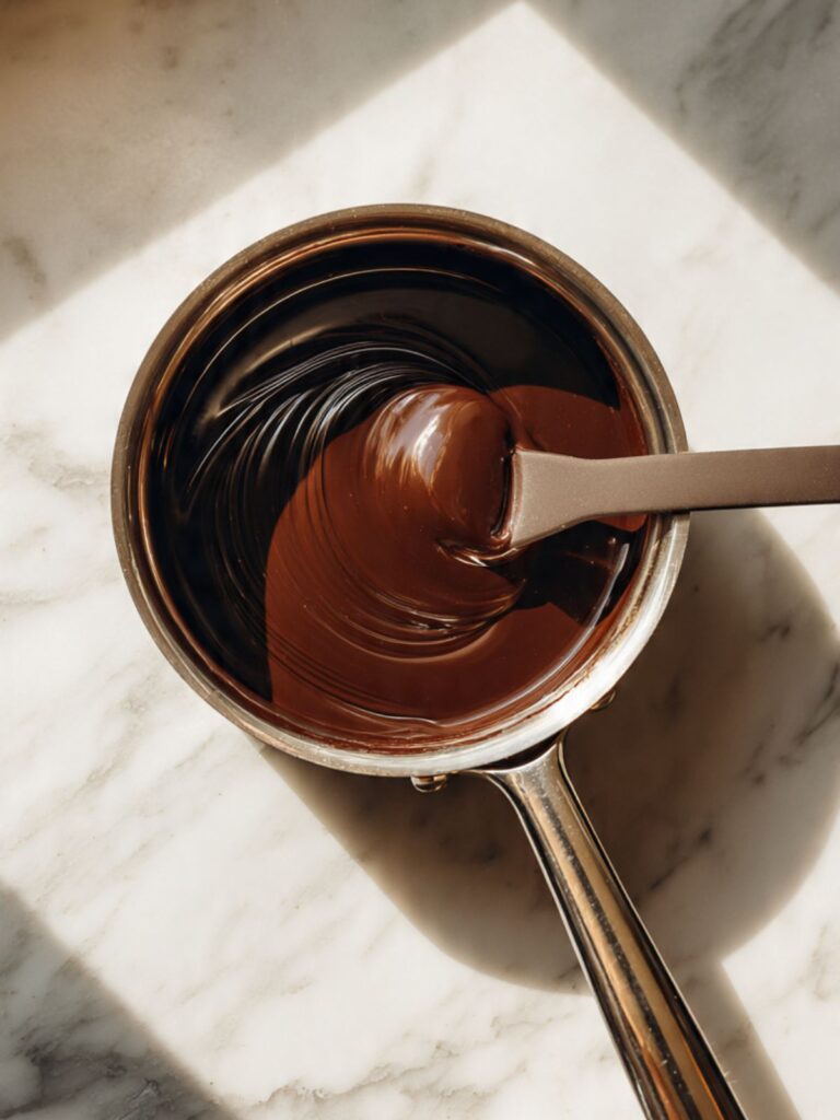 Butter and semi-sweet chocolate chips melting together in saucepan for hot cocoa cookie dough