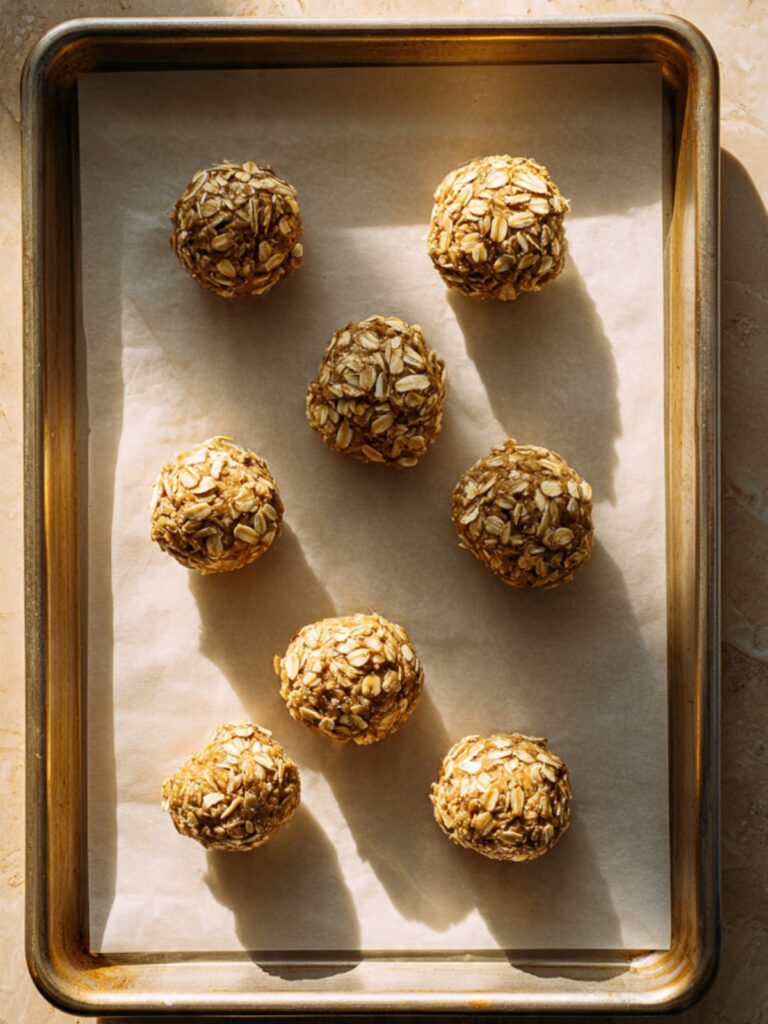 Unbaked iced oatmeal cookie dough balls on parchment lined baking sheet spaced two inches apart ready for the oven