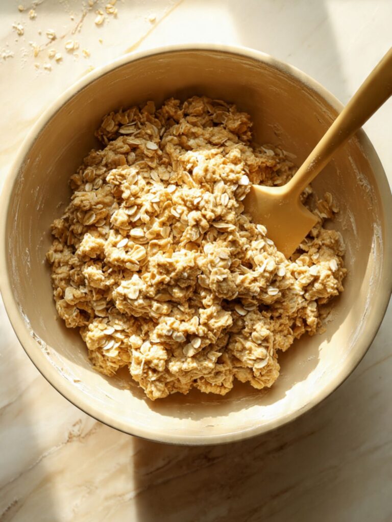 Thick iced oatmeal cookie dough with whole rolled oats folded in, in a large mixing bowl ready to be portioned