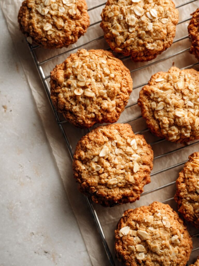 Freshly baked unglazed oatmeal cookies cooling on a wire rack showing golden edges and soft centers