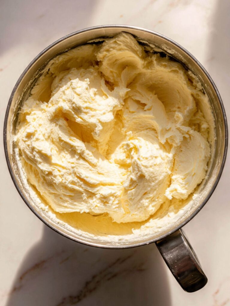 Pale fluffy creamed butter and sugar in a stand mixer bowl showing correct light aerated texture for iced oatmeal cookies