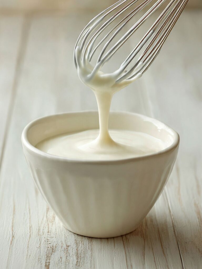 White powdered sugar glaze in a small bowl at ribbon consistency for iced oatmeal cookies with whisk resting beside it