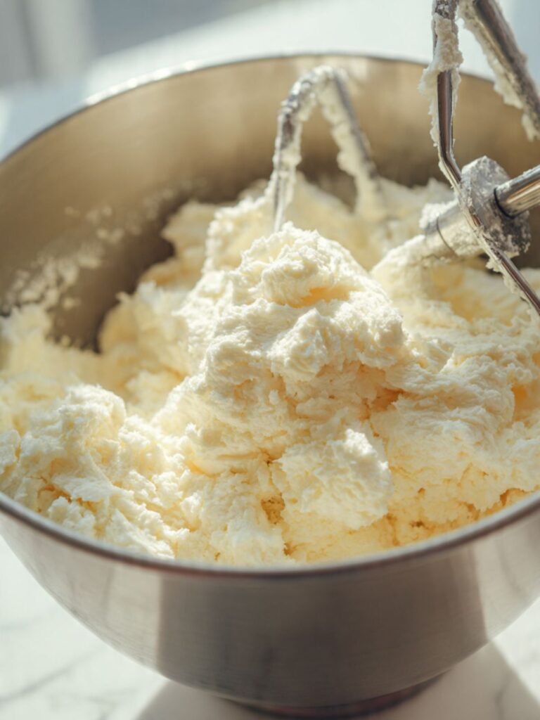 Stand mixer bowl showing pale fluffy creamed butter and sugar at the correct doubled-volume stage for mango strawberry sunset cupcakes