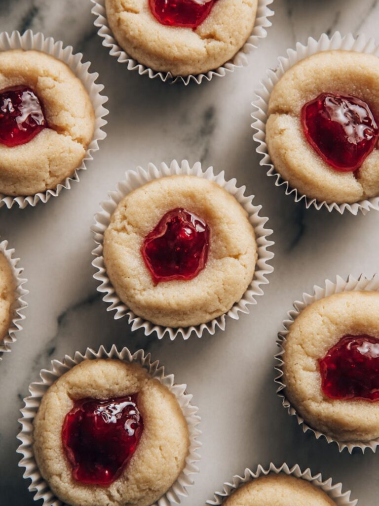 Overhead view of a lined muffin tin with vanilla cupcake batter half-filled in each cup and a strawberry jam dot pressed into the center of each