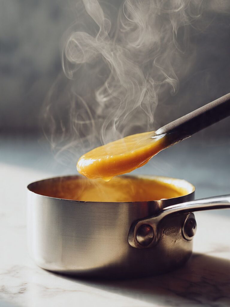 Small saucepan with thick glossy amber-gold mango purée reduction coating a silicone spatula, showing the correct finished consistency for mango buttercream