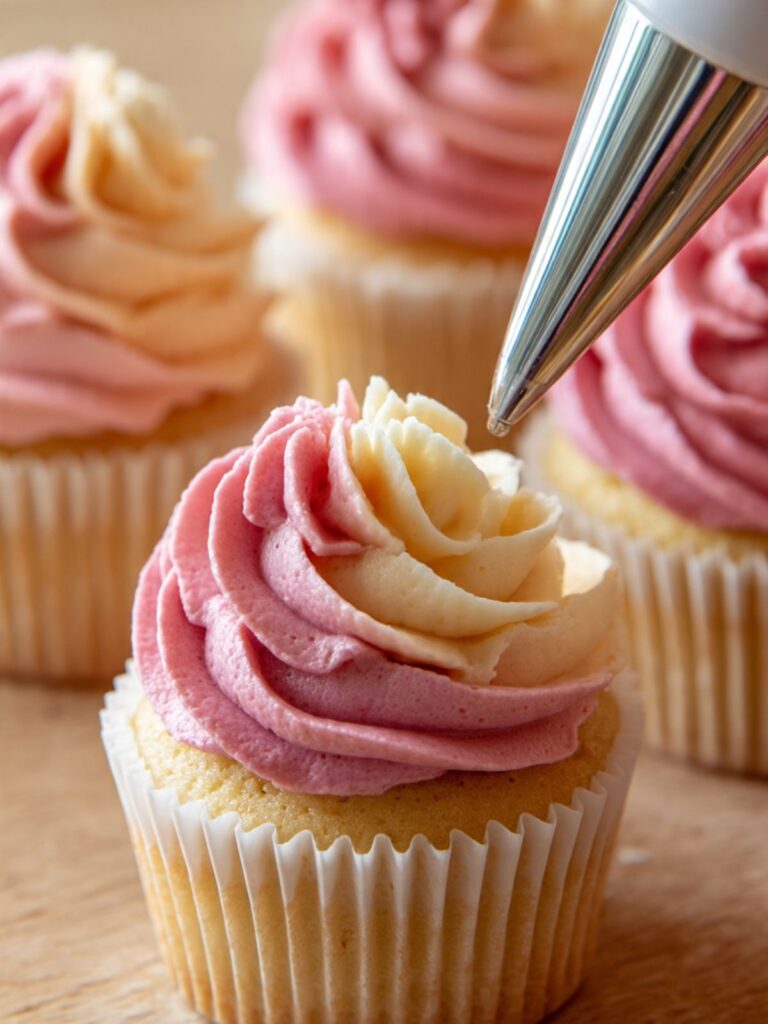 Large white piping bag fitted with a Wilton 1M star tip loaded with deep rose strawberry buttercream on one side and pale gold mango buttercream on the other
