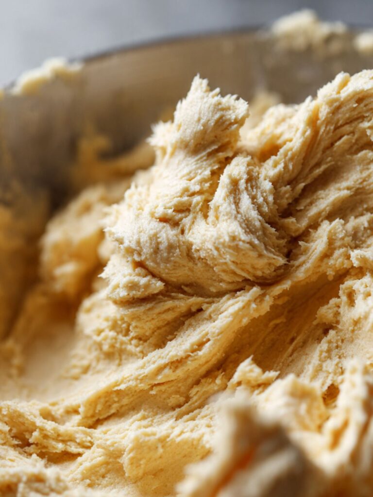 Pale fluffy butter and brown sugar creamed in a stand mixer bowl, light tan color and increased volume