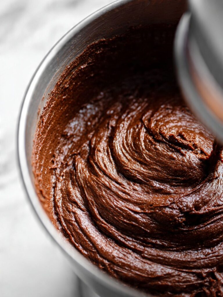 Deep dark mahogany molasses cookie dough in a stand mixer bowl after molasses is added, thick and glossy