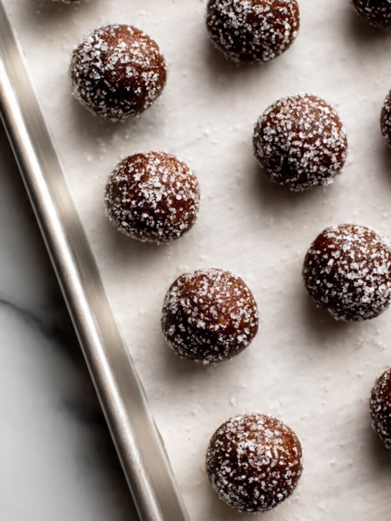 Sugar-coated molasses cookie dough balls spaced on a parchment-lined light aluminum baking sheet before baking