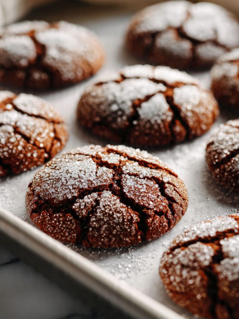 Freshly baked molasses crinkle cookies on a parchment-lined baking sheet straight from the oven, edges set