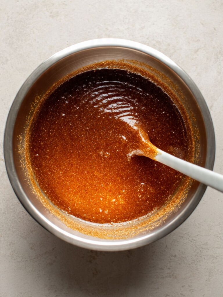 butter and brown sugar mixture in a mixing bowl mid-stir with silicone spatula for Toll House cookie bars