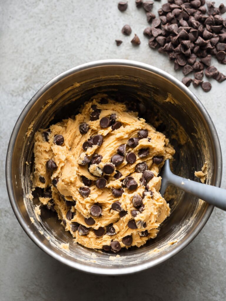 chocolate chip cookie bar dough with semi-sweet chips folded in a stainless mixing bowl with reserved chips beside the bowl
