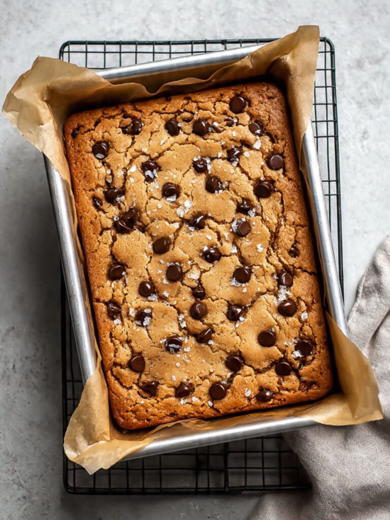 Nestlé Toll House cookie bars fresh from the oven in a parchment lined pan with golden brown edges and just-set center