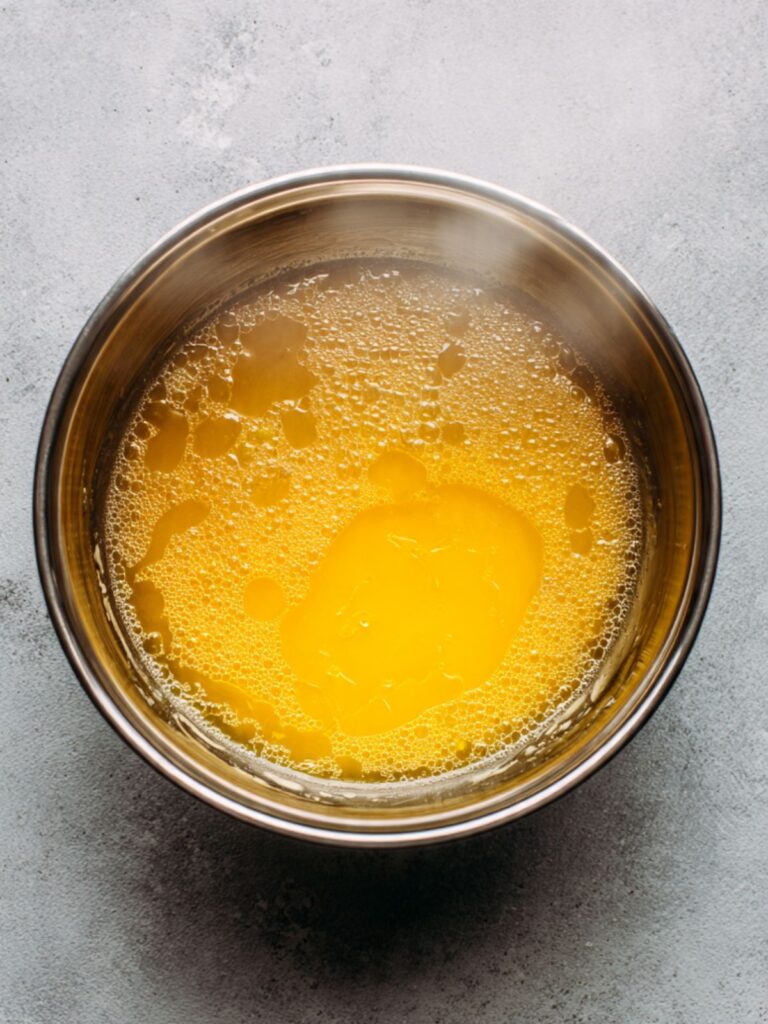 melted butter cooling in a stainless mixing bowl with an instant read thermometer showing safe temperature for cookie bar dough