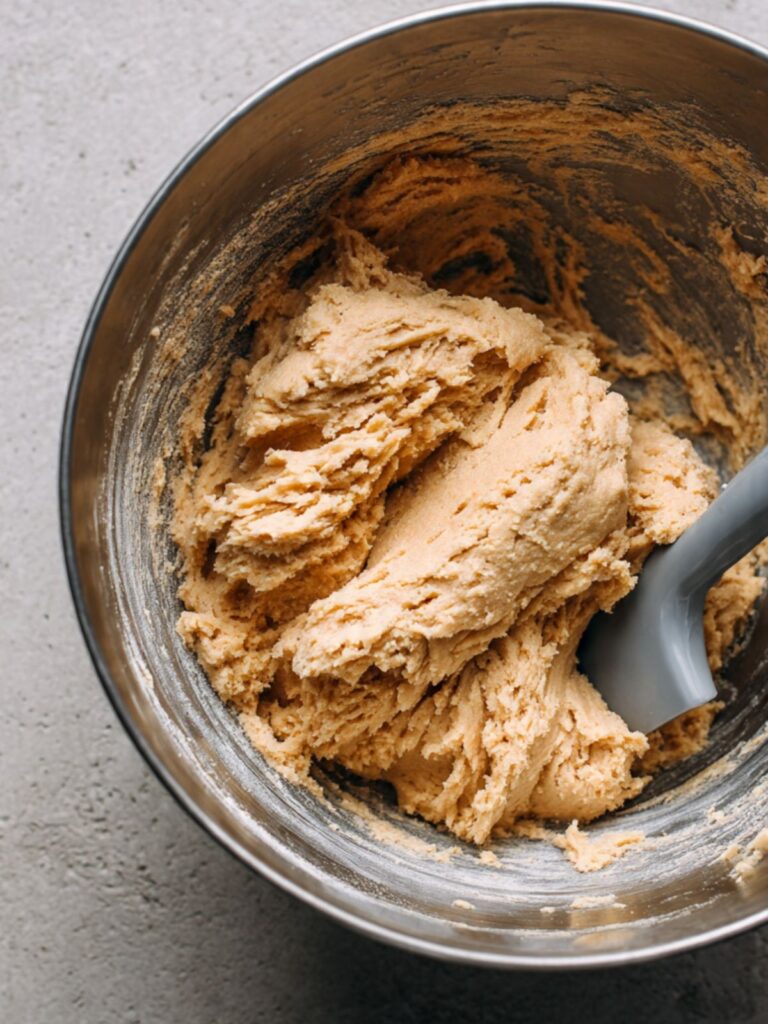 thick sticky Nestlé Toll House cookie bar dough being folded in a stainless mixing bowl with a silicone spatula