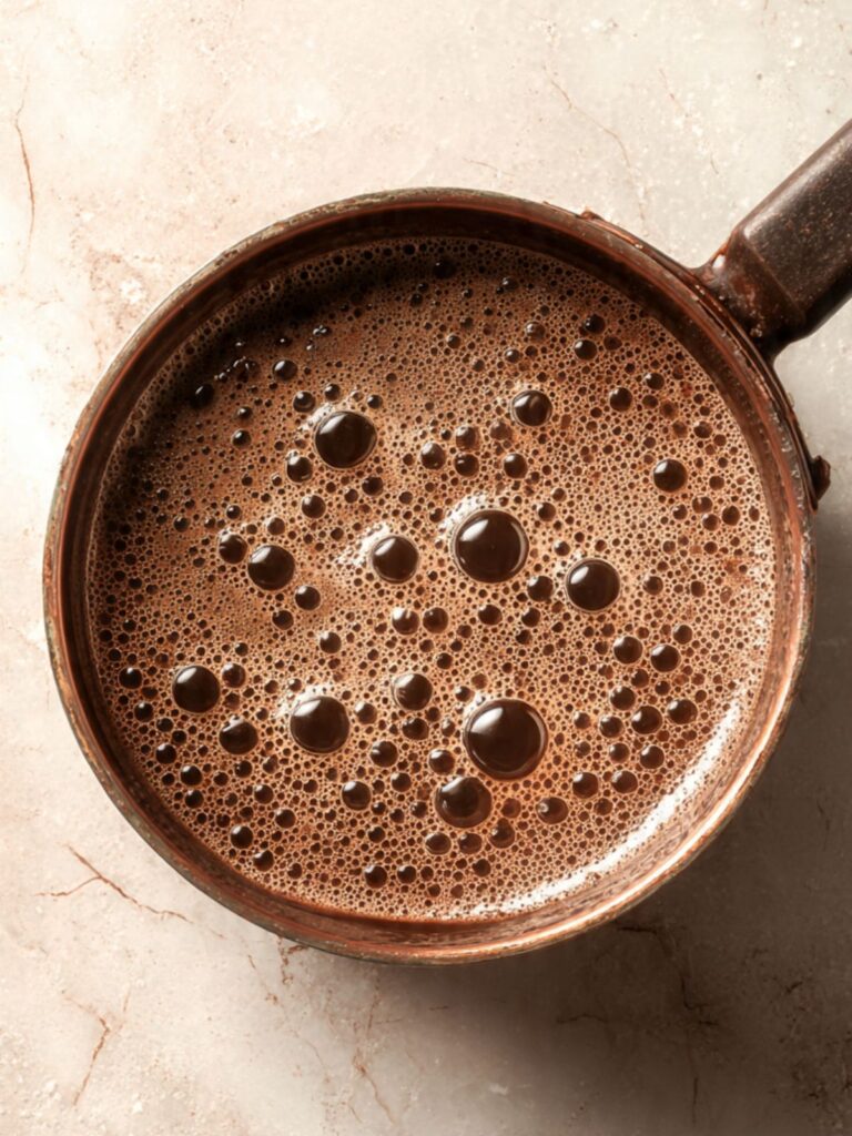 Dark chocolate sugar syrup at a full rolling boil in a heavy saucepan