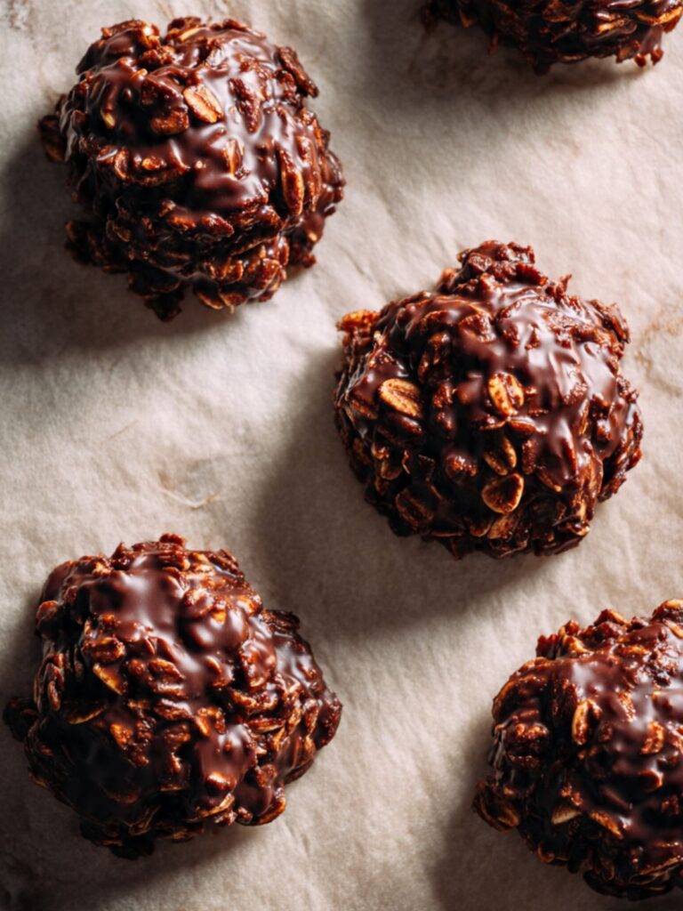 No bake chocolate oatmeal cookies freshly dropped onto parchment paper setting at room temperature.