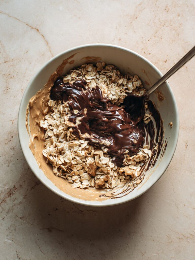 Chocolate syrup folded into rolled oats and peanut butter in a large mixing bowl for no bake cookies.