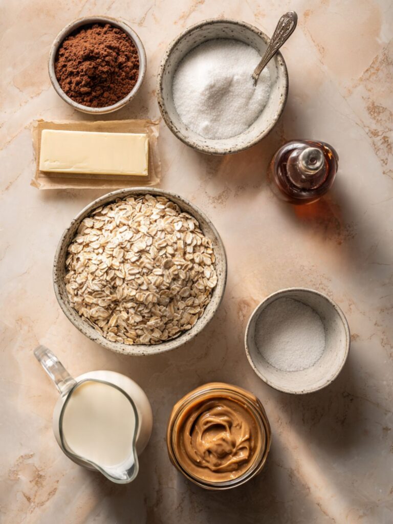 Ingredients for no bake chocolate oatmeal cookies measured and laid out on a marble surface including oats, cocoa, sugar, butter, and peanut butter.