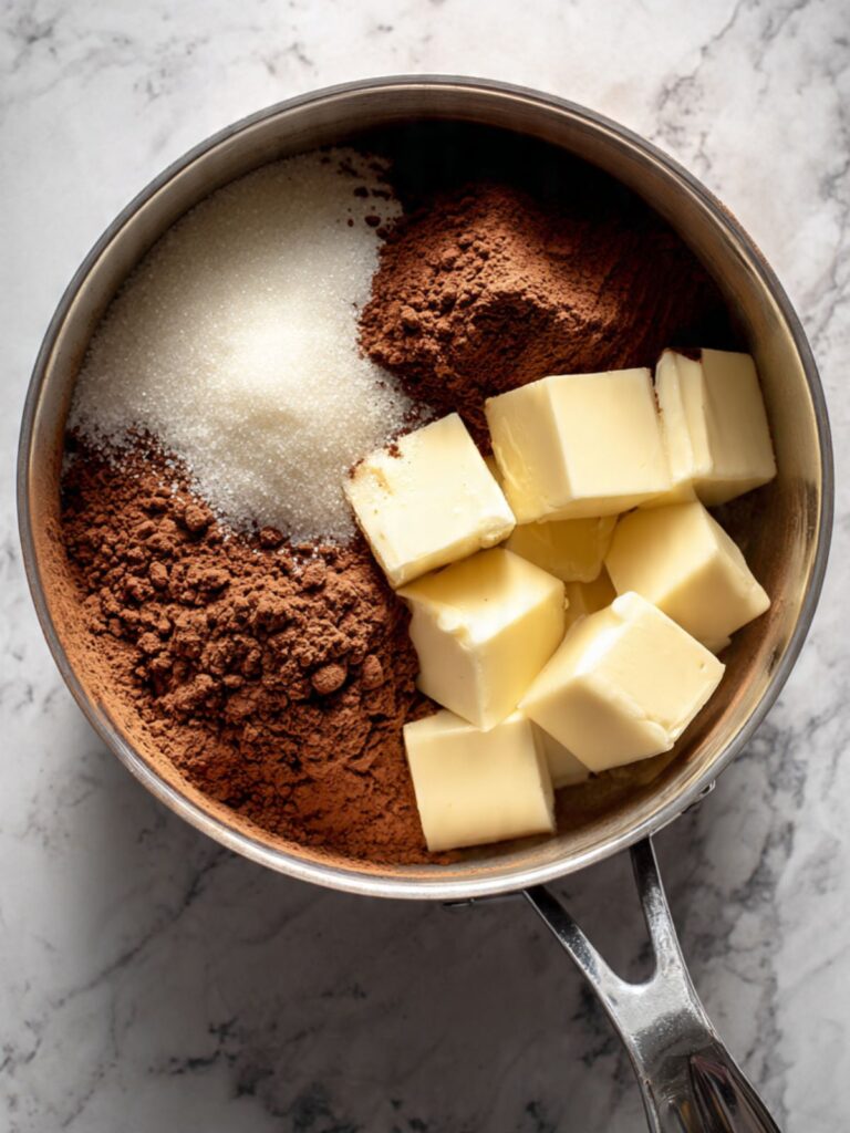 Sugar, cocoa, butter, and milk in a saucepan before cooking for no bake chocolate oatmeal cookies.