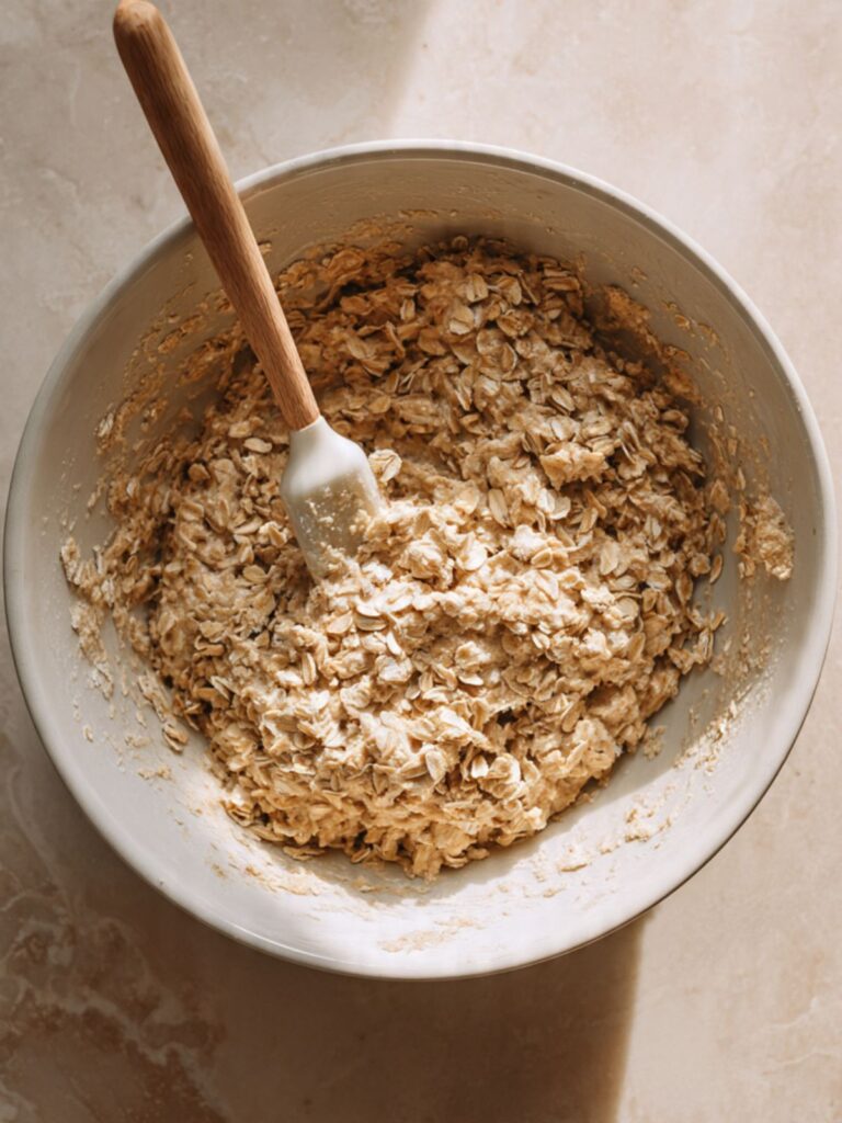 thick oatmeal chocolate chip bar batter in a white ceramic bowl showing distinct old-fashioned rolled oat flakes folded throughout with a silicone spatula