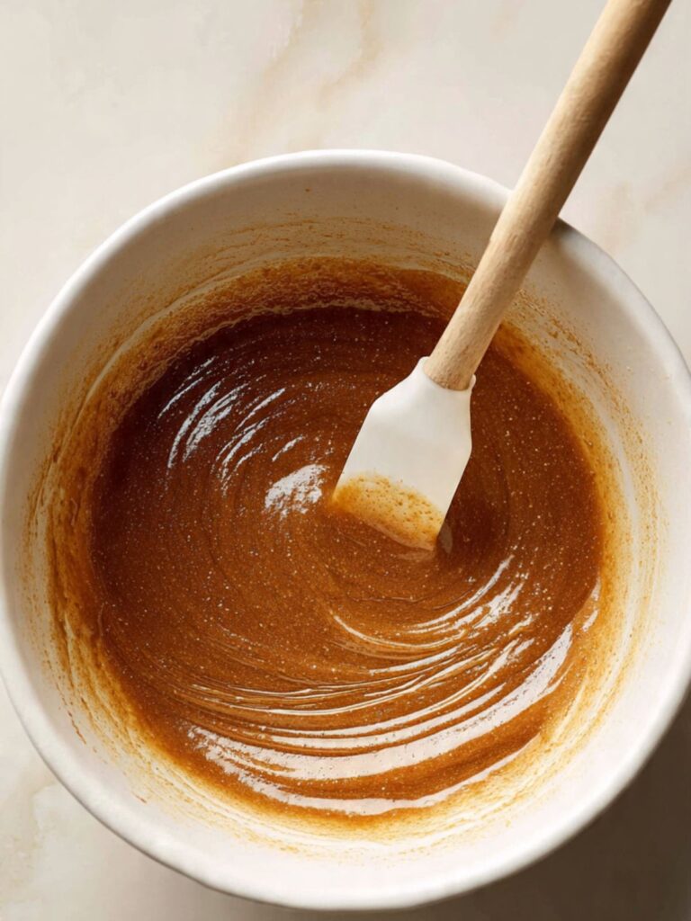 melted butter and packed brown sugar combined in a large ceramic mixing bowl with a silicone spatula showing glossy caramel-colored mixture