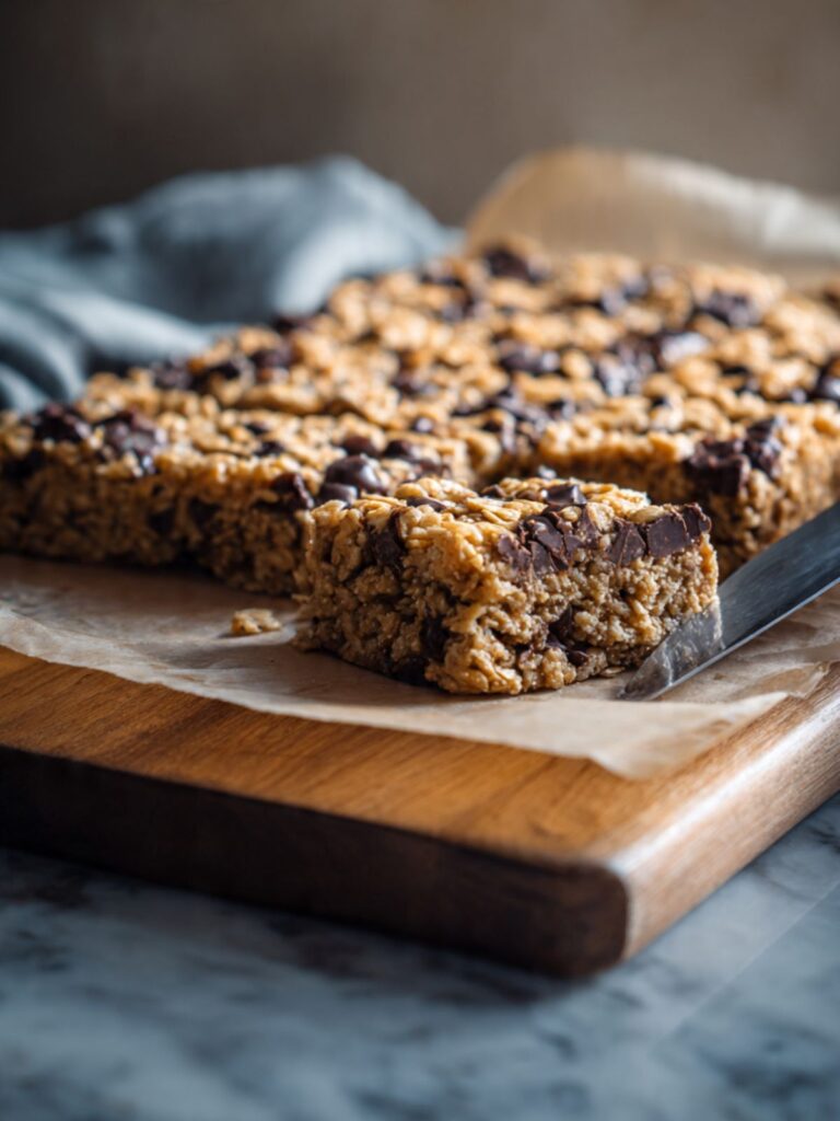 oatmeal chocolate chip bar slab lifted on parchment paper onto a wooden cutting board with a sharp chef's knife cutting clean squares