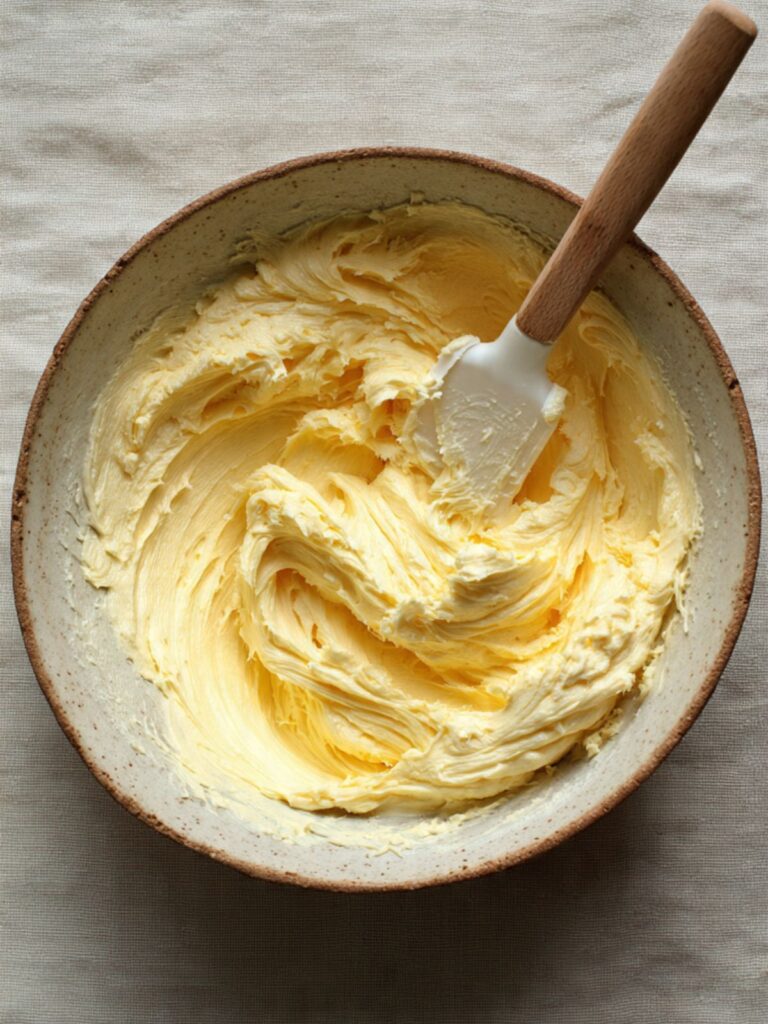 mixing bowl with creamed butter and sugar base for oatmeal chocolate chip cookies showing smooth pale texture