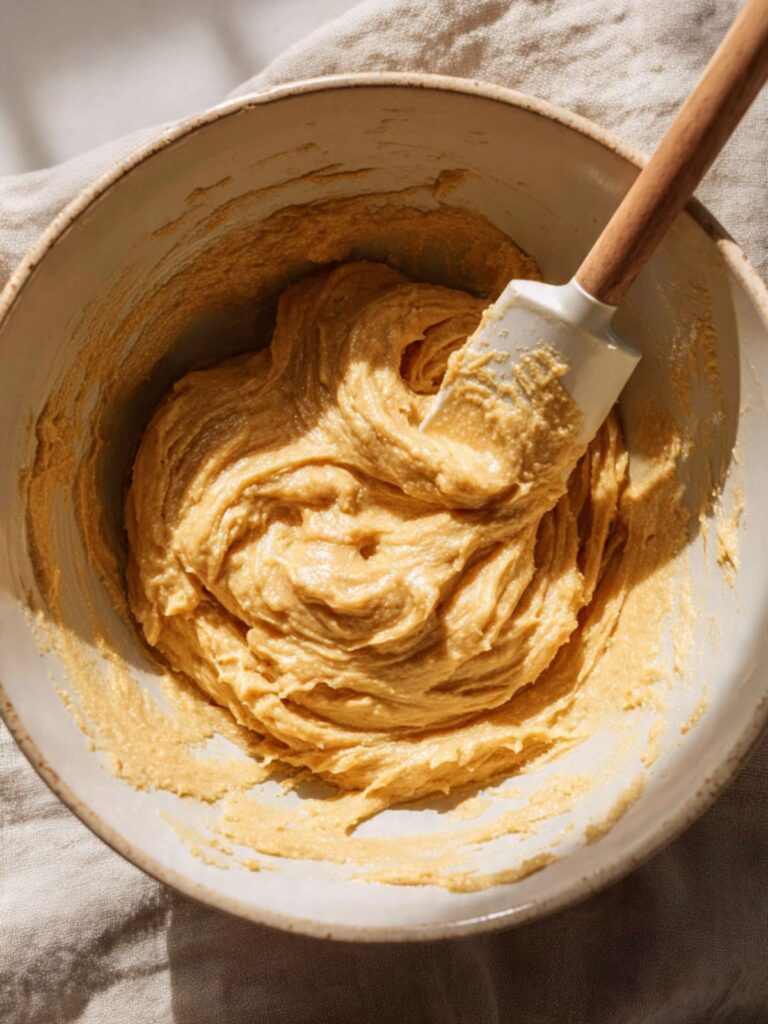 mixing bowl showing thick glossy cookie dough after egg incorporation for oatmeal chocolate chip cookies