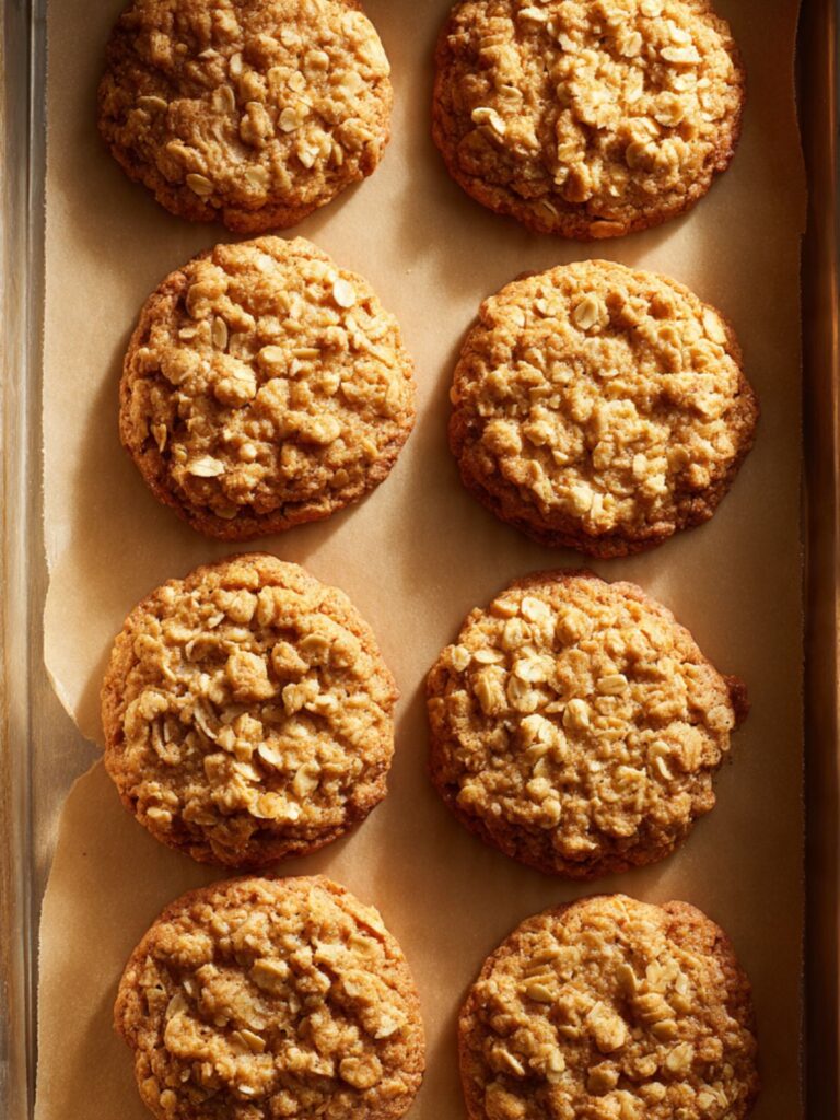 freshly baked oatmeal cookies on parchment-lined pan just out of oven with set golden edges and soft centers