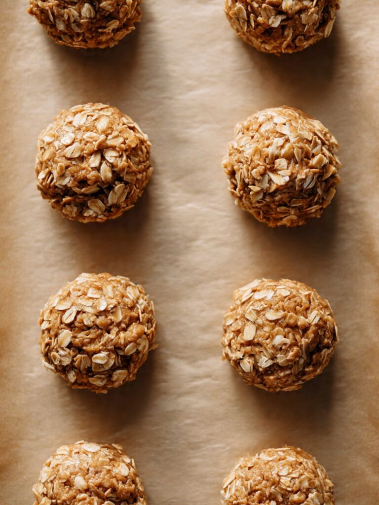 oatmeal cookie dough balls portioned and spaced on parchment-lined light aluminum baking sheet ready to bake