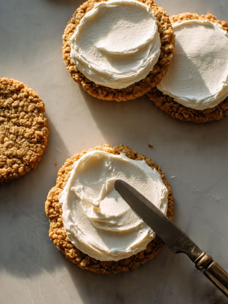 white marshmallow cream filling spread onto oatmeal cookie base during sandwich assembly on marble surface