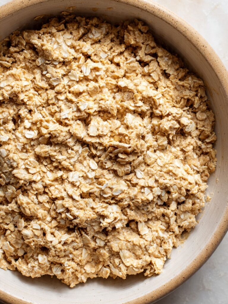 thick oatmeal cookie dough with old-fashioned rolled oats folded in, ready to scoop, in large mixing bowl