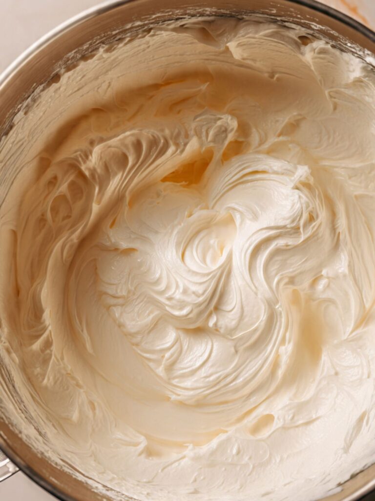 bright white marshmallow cream filling in stand mixer bowl showing smooth glossy texture ready to pipe