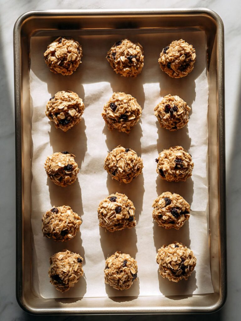 Fourteen rounded oatmeal raisin cookie dough balls spaced evenly on a parchment-lined baking sheet ready to bake.
