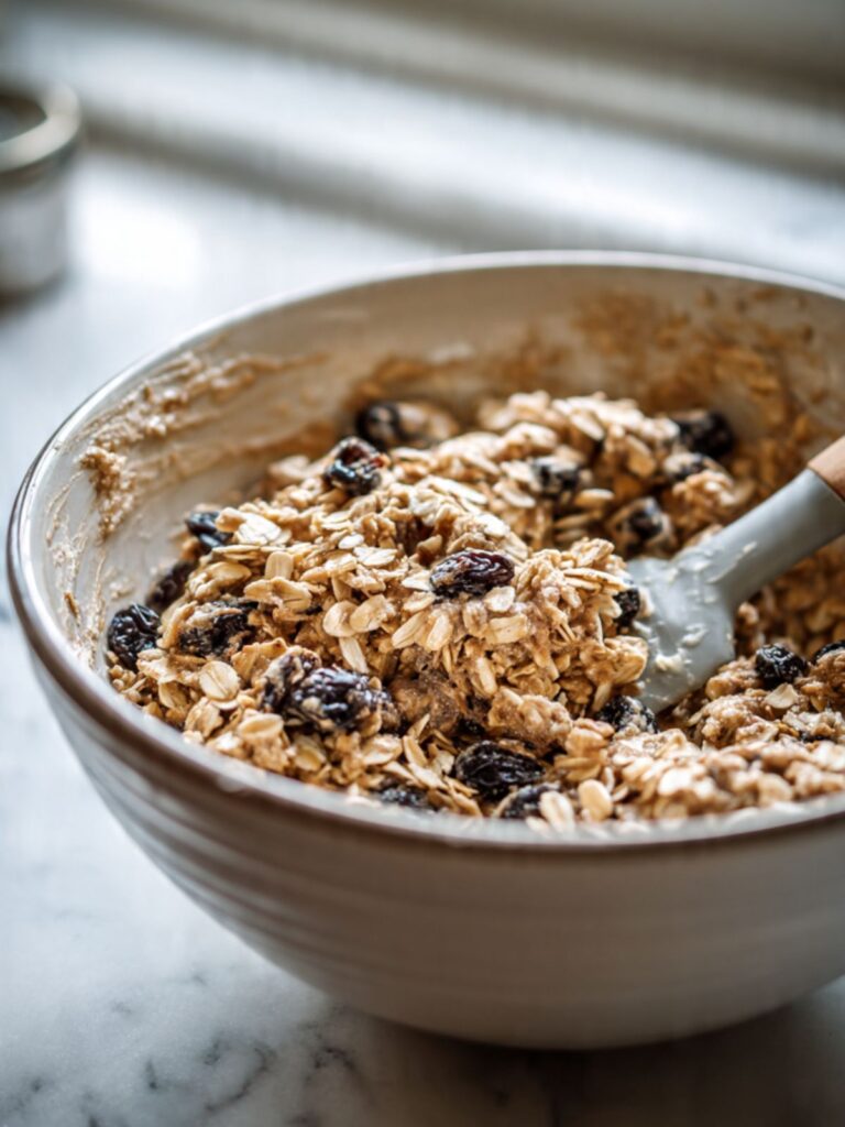 Oatmeal raisin cookie dough in a mixing bowl with whole rolled oats and plump raisins being folded in with a silicone spatula.