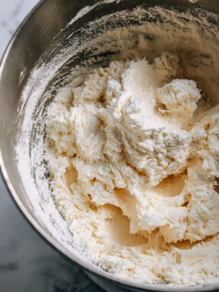 Pale fluffy creamed butter and sugar in a stand mixer bowl showing the correct aerated texture for oatmeal raisin cookies.