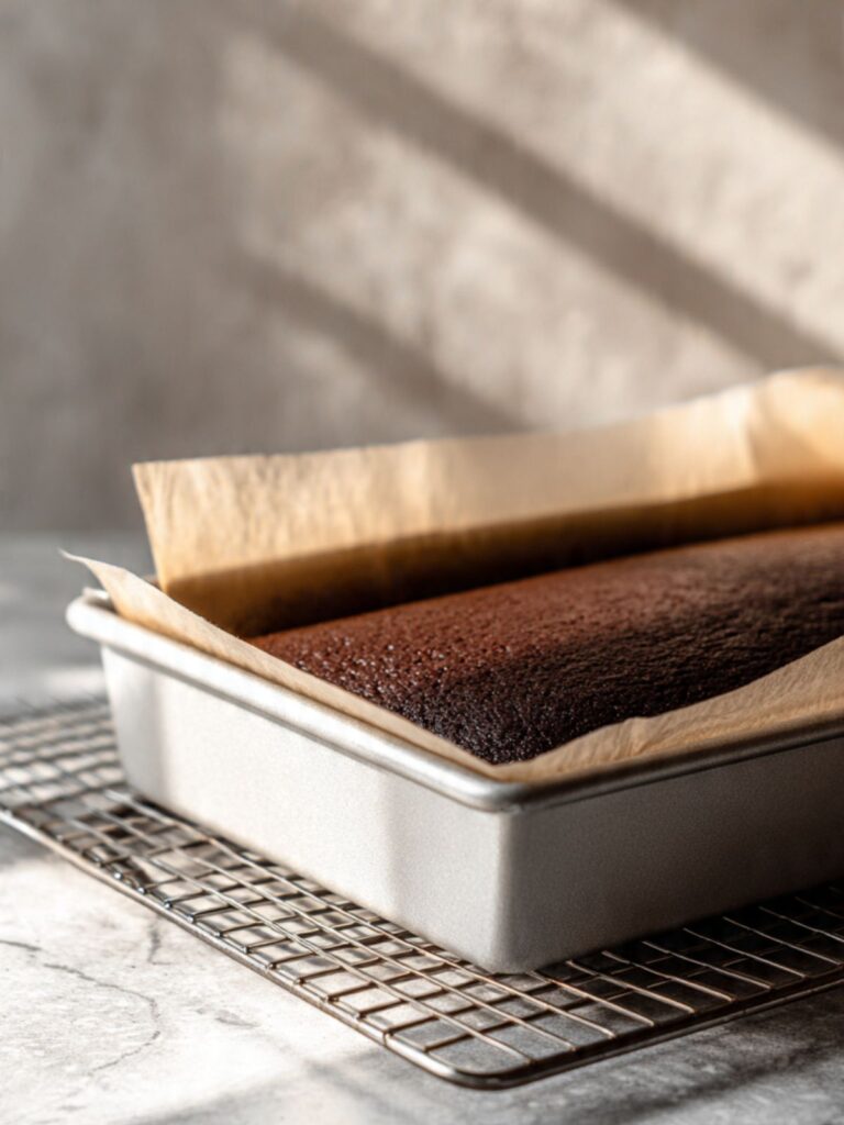 near-black baked oreo poke cake lifted from aluminum pan on parchment resting on silver wire cooling rack