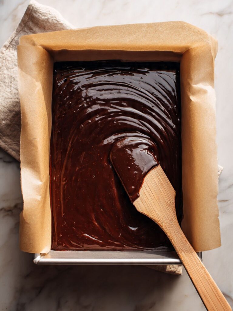 near-black oreo poke cake batter poured into parchment lined light aluminum 9x13 pan ready to bake