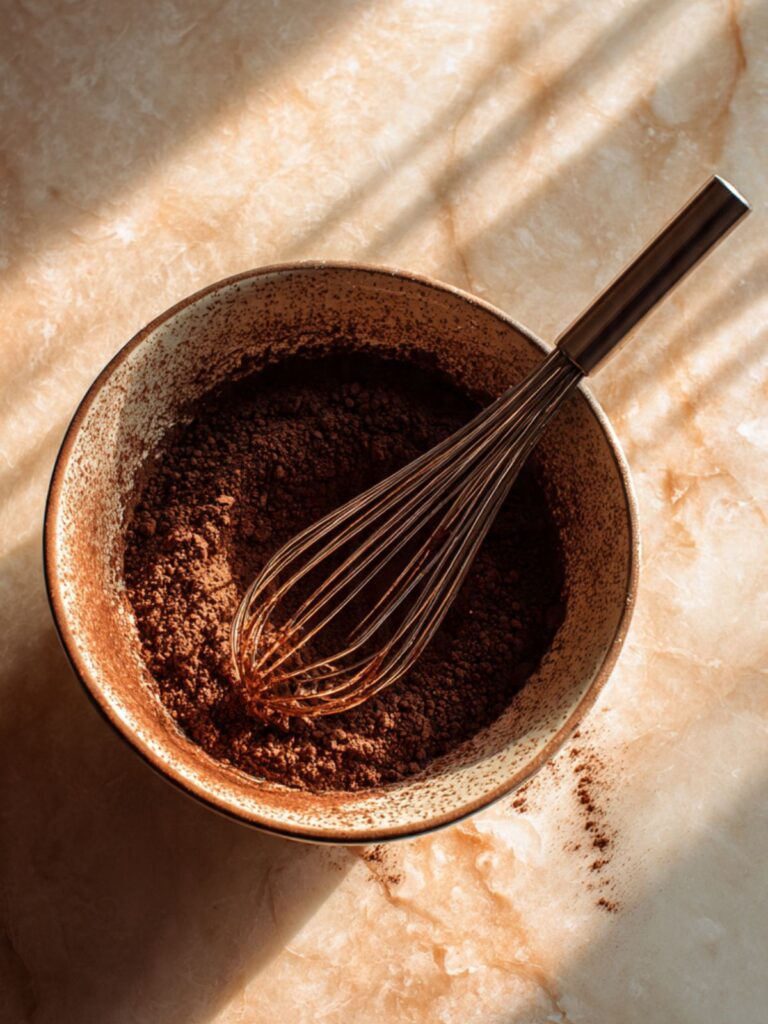large mixing bowl with near-black dutch process cocoa flour and sugar dry ingredients whisked together for oreo poke cake