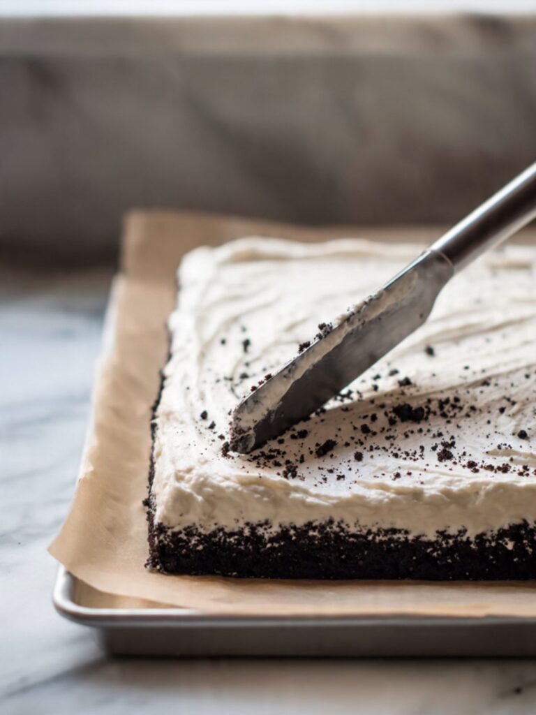 offset spatula spreading thick oreo cream filling over bottom 9x13 chocolate cake layer with visible oreo pieces