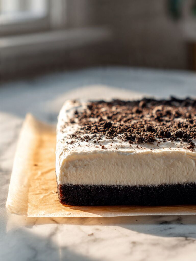 9x13 chocolate cake top layer lowered cut side down onto thick oreo cream filling two layer assembly
